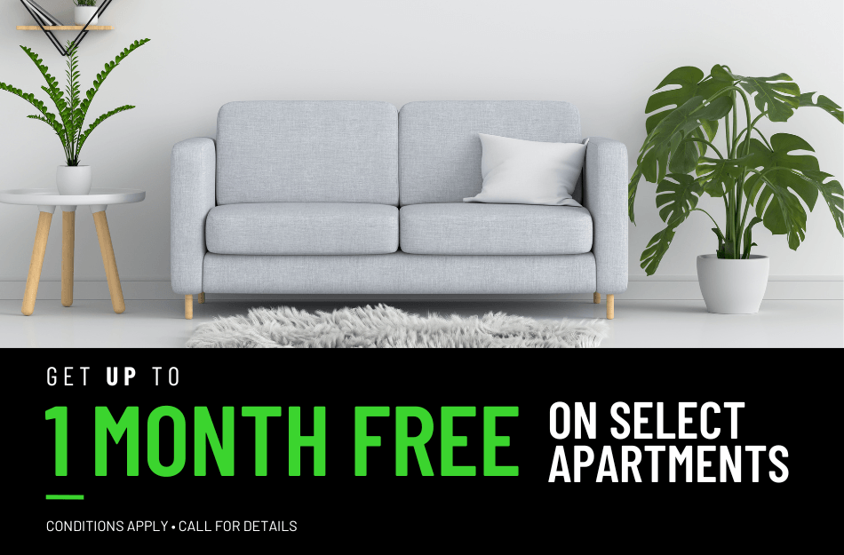 Get 1 MONTH FREE on select floor plans for a limited time! <strong>Look & lease a one or two bedroom within 48 hours and receive an <em>additional </em>$1000 off at move in!</strong> Conditions apply, call for details.